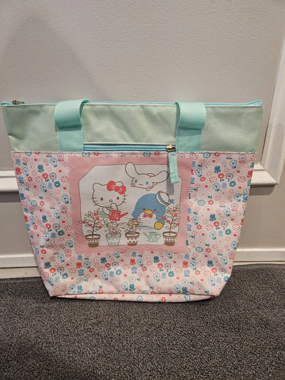 Sanrio Hello Kitty Pink Floral Insulated Tote with Mint Accents